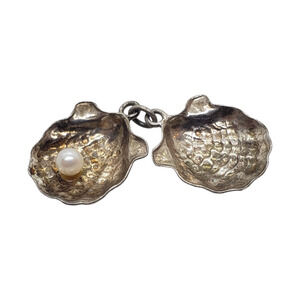 Vintage Sterling Silver Oyster Shell Pendant Charm Genuine Pearl Movable